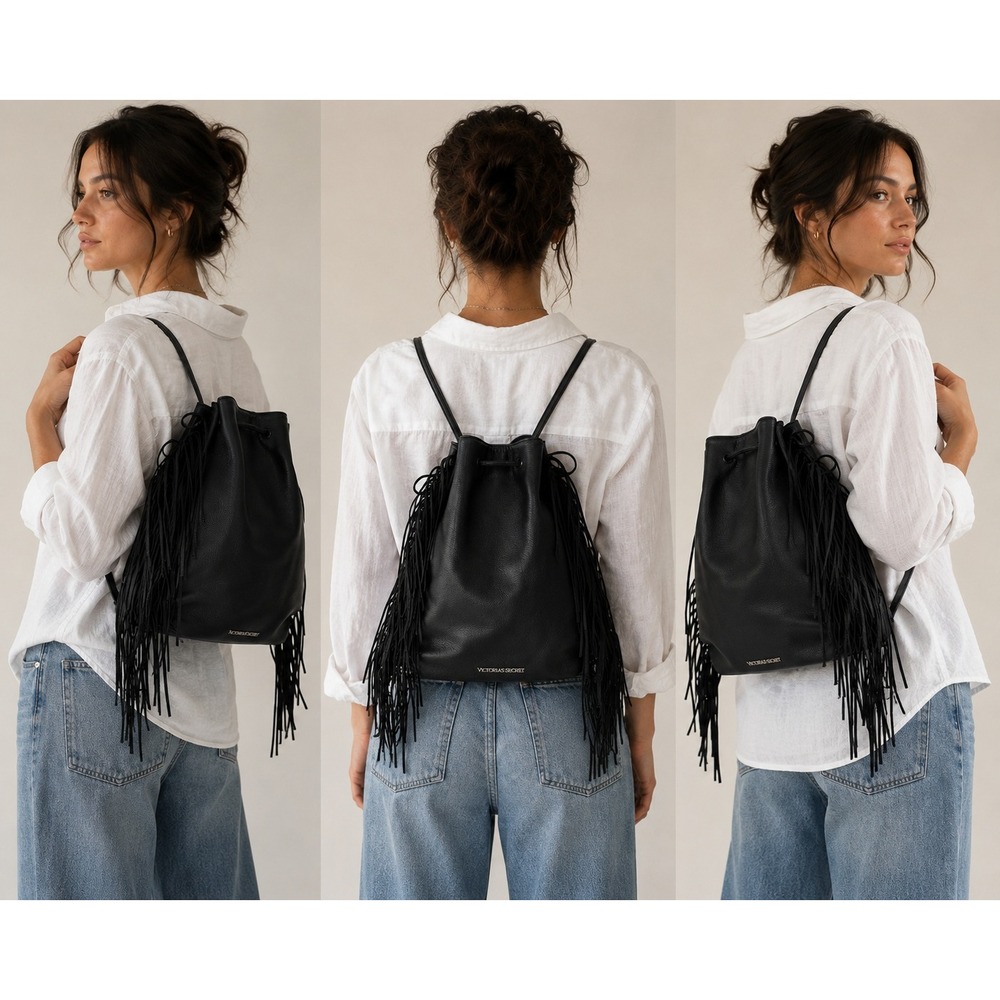 Victoria Secret Black‎ Fringe Drawstring Backpack Bag Faux Leather Boho Festival